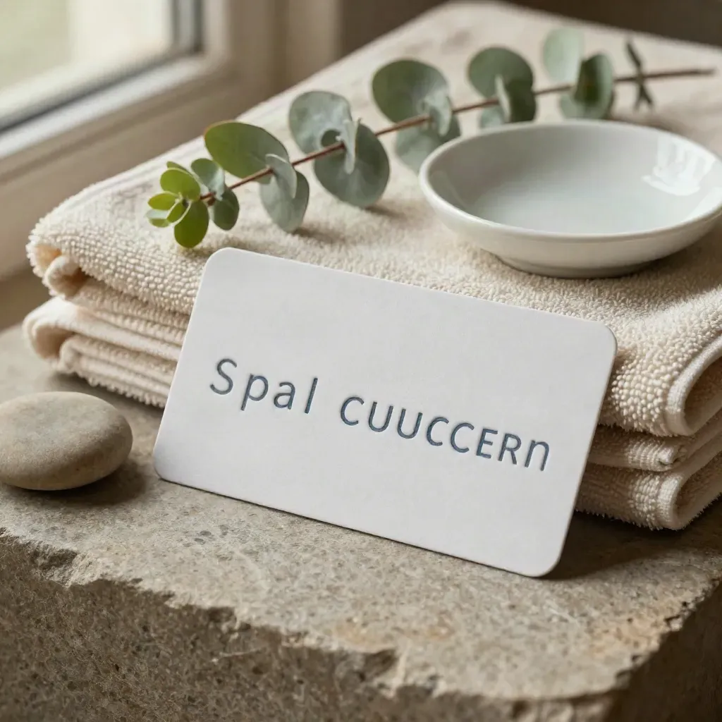 Spa voucher card with towels, stone, ceramic dish, and eucalyptus in soft close-up.
