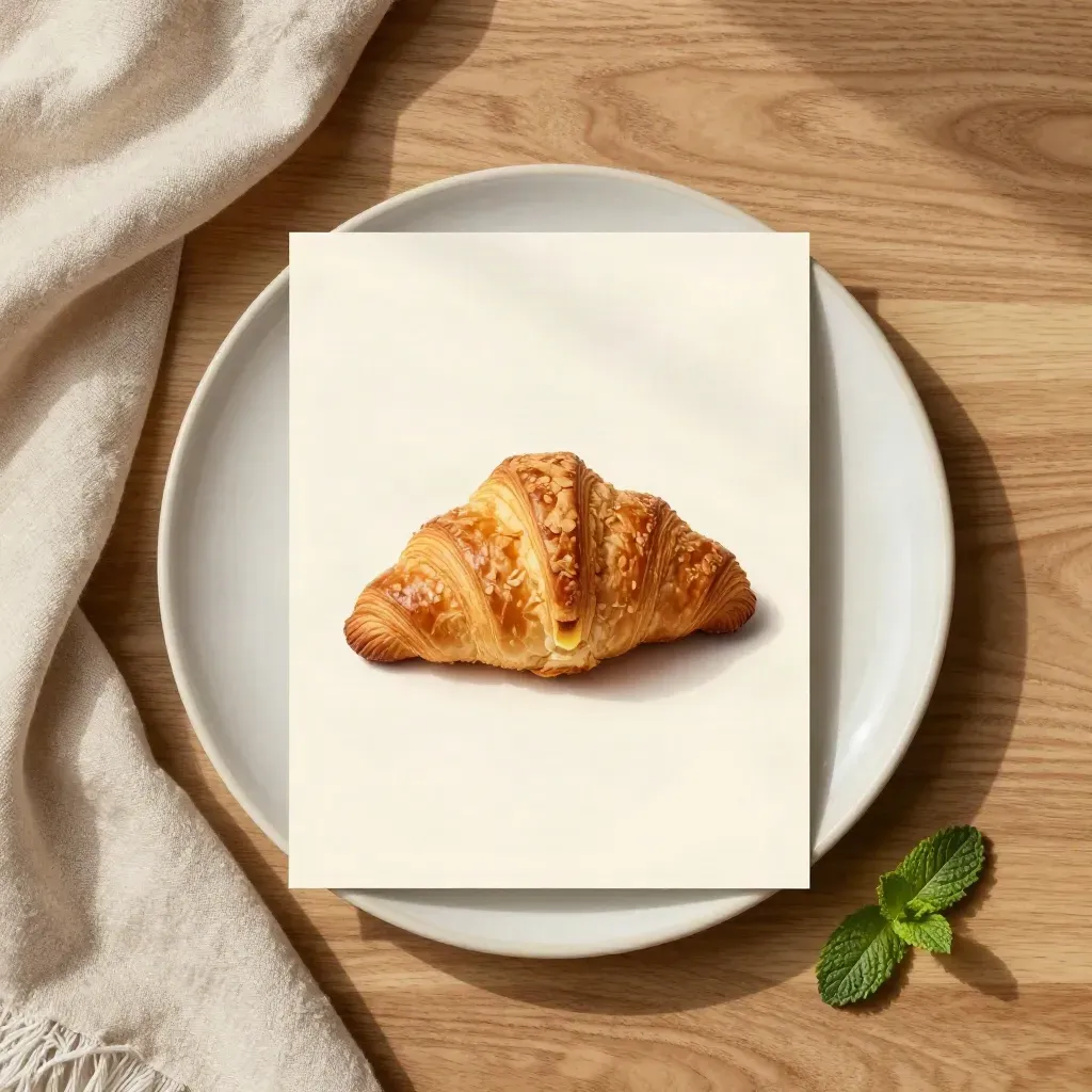 Top-down brunch deal card with croissant, pale plate, linen edge and mint sprig on warm wood.