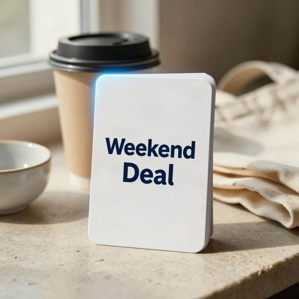 Weekend deal hero card with tote, cup, bowl and offer tokens on pale stone.