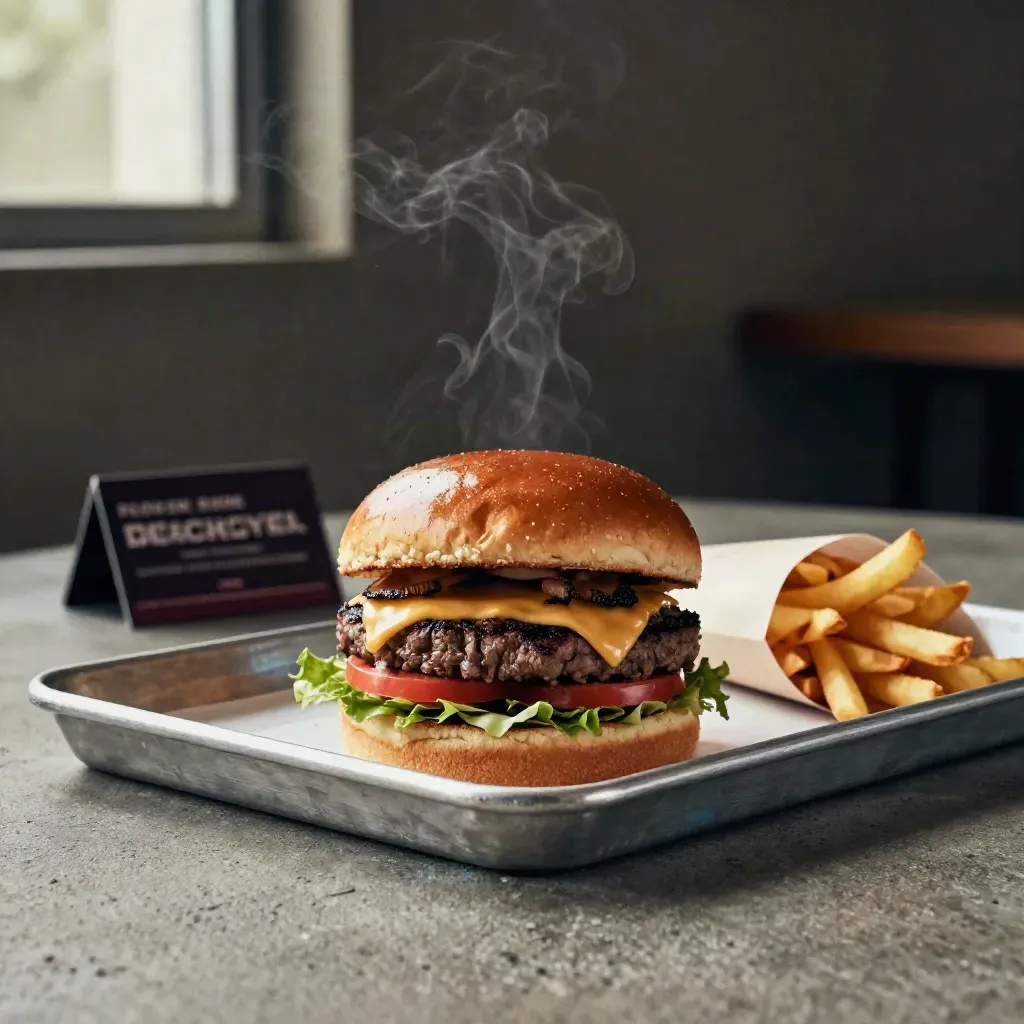 Stacked burger, fries, and metal tray on concrete with dramatic studio light